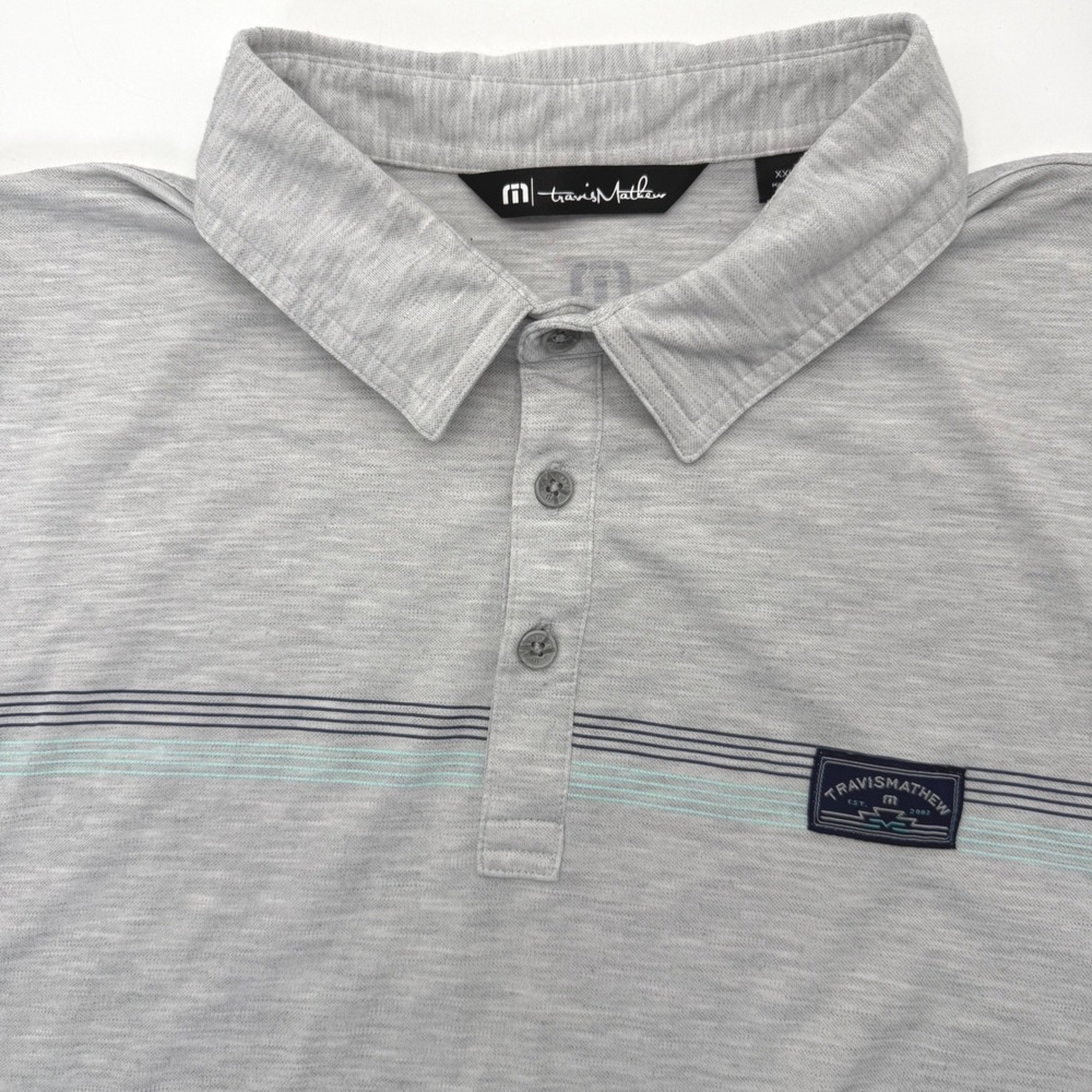 TravisMathew‎ Polo Shirt Mens XXL Grey Short Sleeve Striped Golf Performance